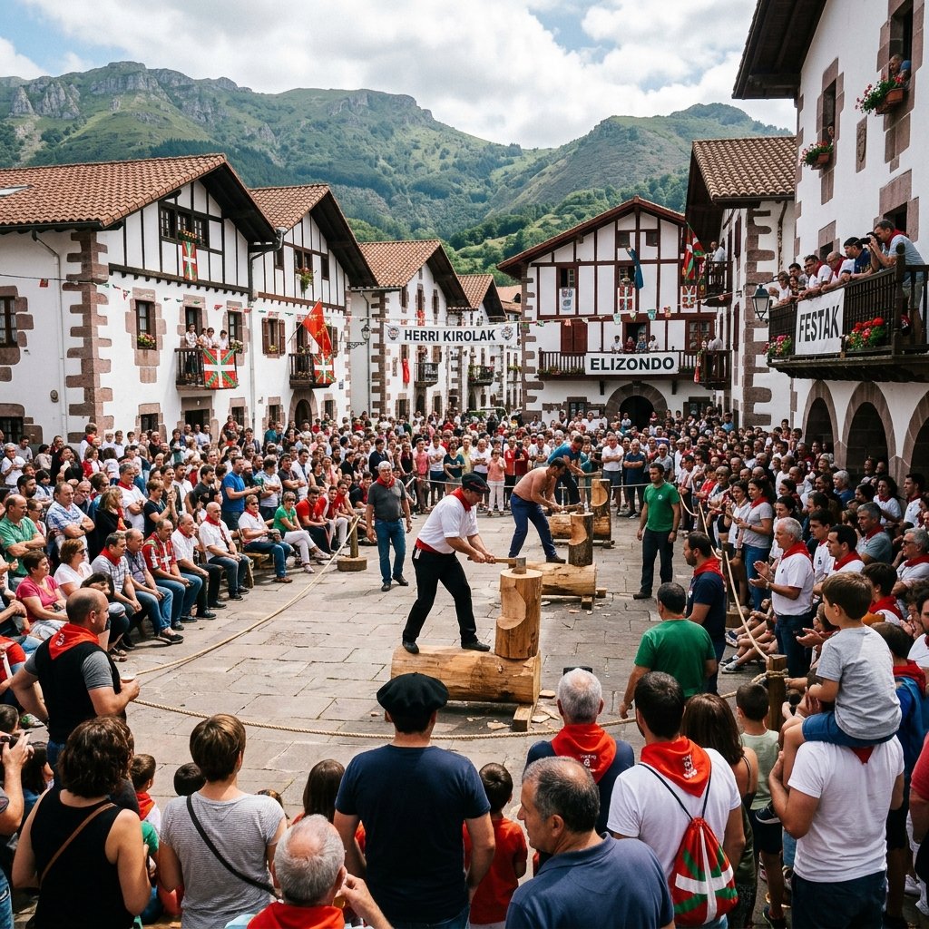Exhibición de Herri Kirolak en plaza de pueblo